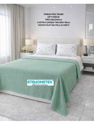 ETEHOMETEX ÇİFT KİŞİLİK %100 PAMUK HAVUZLU PİKE TAKIMI YEŞİL 8696474232073